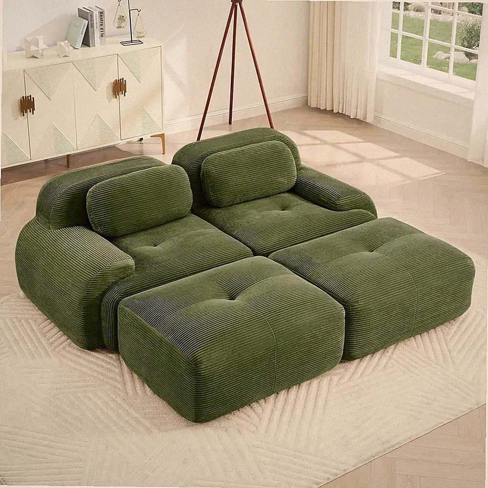 2-Seat Modular Sectional Sofa Corduroy with Curved Armrests Olive Green