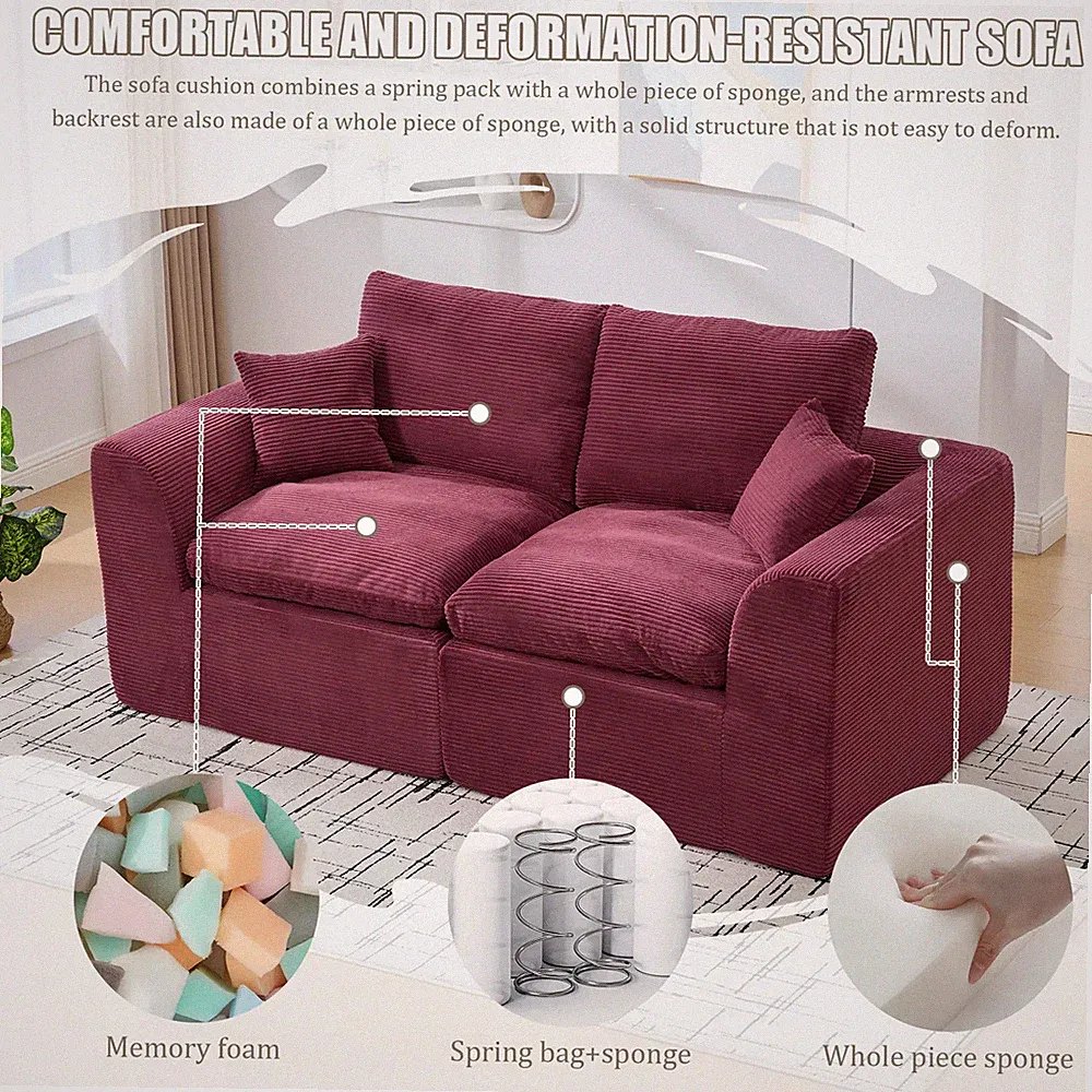 2-Seat Sectional Sofa for Home Improvement Corduroy Modular Design WINE RED