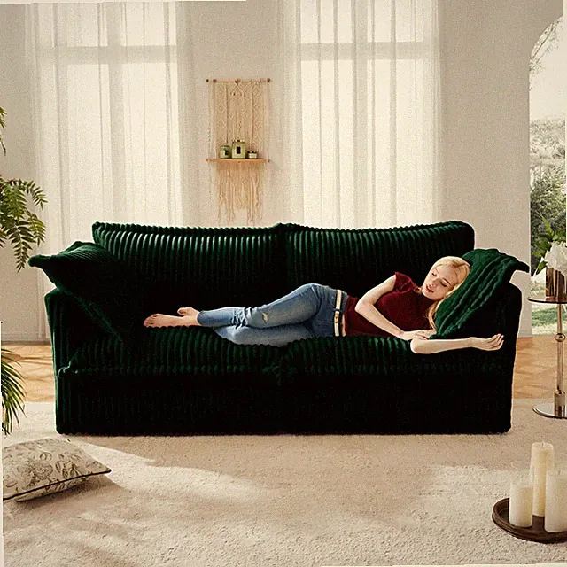 2-Seat Sofa, Green Corduroy, Deep Seat, Modern Slipcovered, Apartment