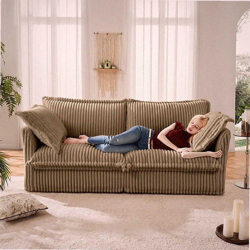 2-Seat Sofa with Removable Corduroy Cover, Deep Seat Camel for Small Space
