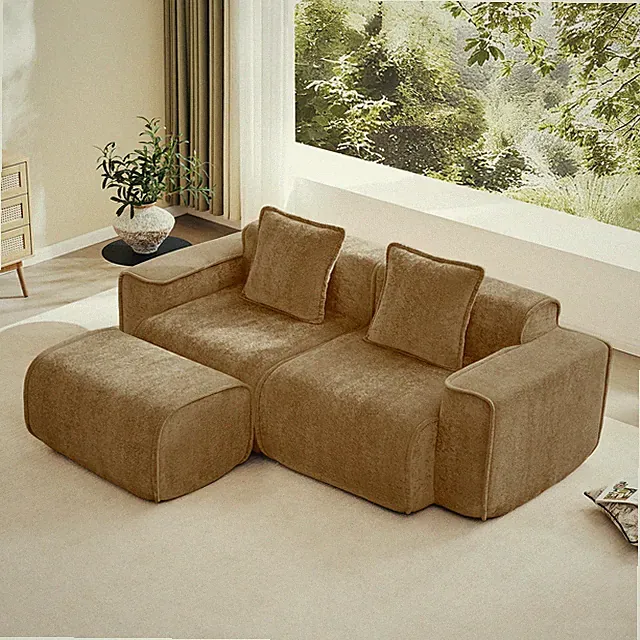 2 Seat Velvet Sectional Sofa with Ottoman - French Piping, No Assembly
