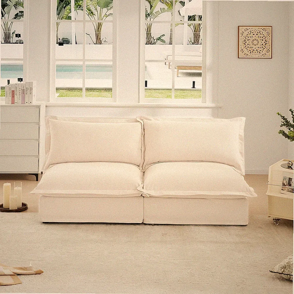 2 Seater Armless Sofa Cream Chenille Armless Sofa: Slipcovered & Convertible