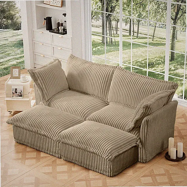 2-Seater Convertible Sleeper Sofa Bed with 2 Ottomans, Corduroy Camel