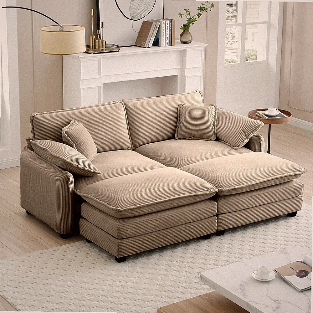2-Seater Corduroy Sofa w/ Ottoman for Small Spaces & Home Theater, Tan