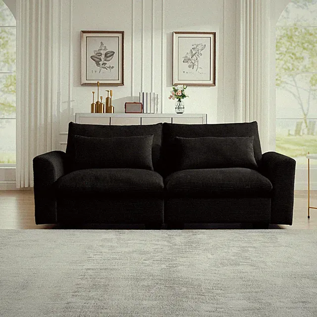 2 Seater Corduroy Sofa with Armrests, Black, for Apartment Living Room