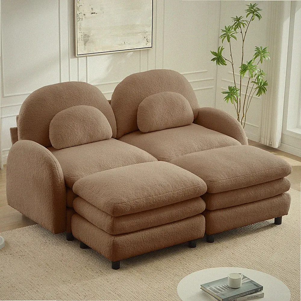 2-Seater Curved Back Sectional Sofa with Ottomans, Camel Teddy Fabric