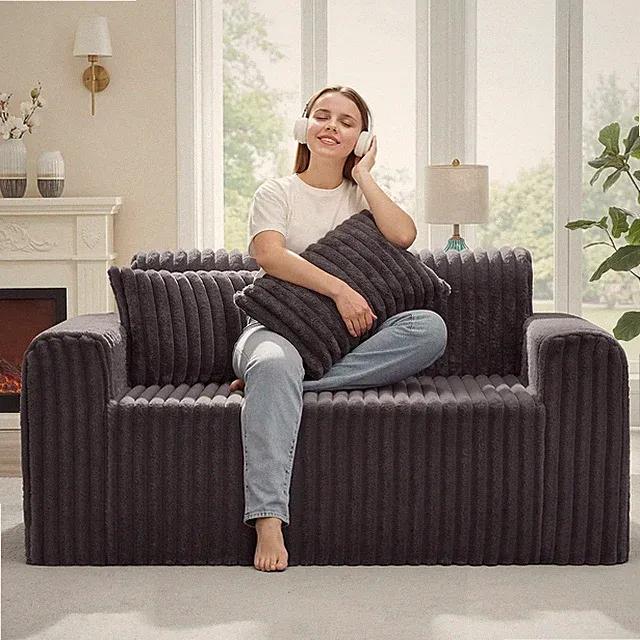 2-Seater Foam Sofa with Pillows Comfy Couch for Small Spaces Dark Grey Loveseat
