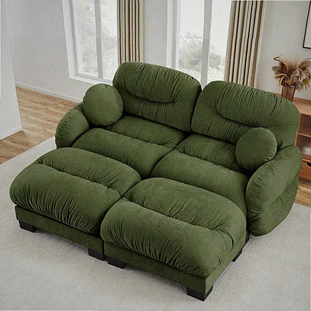 2-Seater L-Shape Sectional Sofa w/ 2 Ottomans, Chenille, Round Armrests, Green