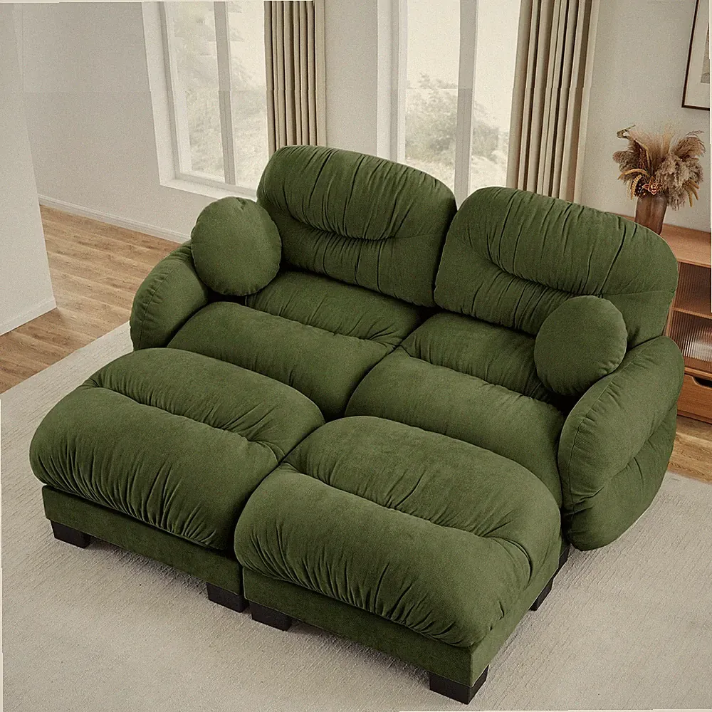 2-Seater L-Shape Sectional Sofa with 2 Ottomans, Green Chenille, Ergonomic Foam