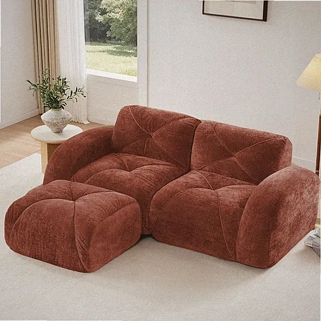 2-Seater L-Shaped Velvet Tufted Sofa with Movable Ottoman No Assembly Red