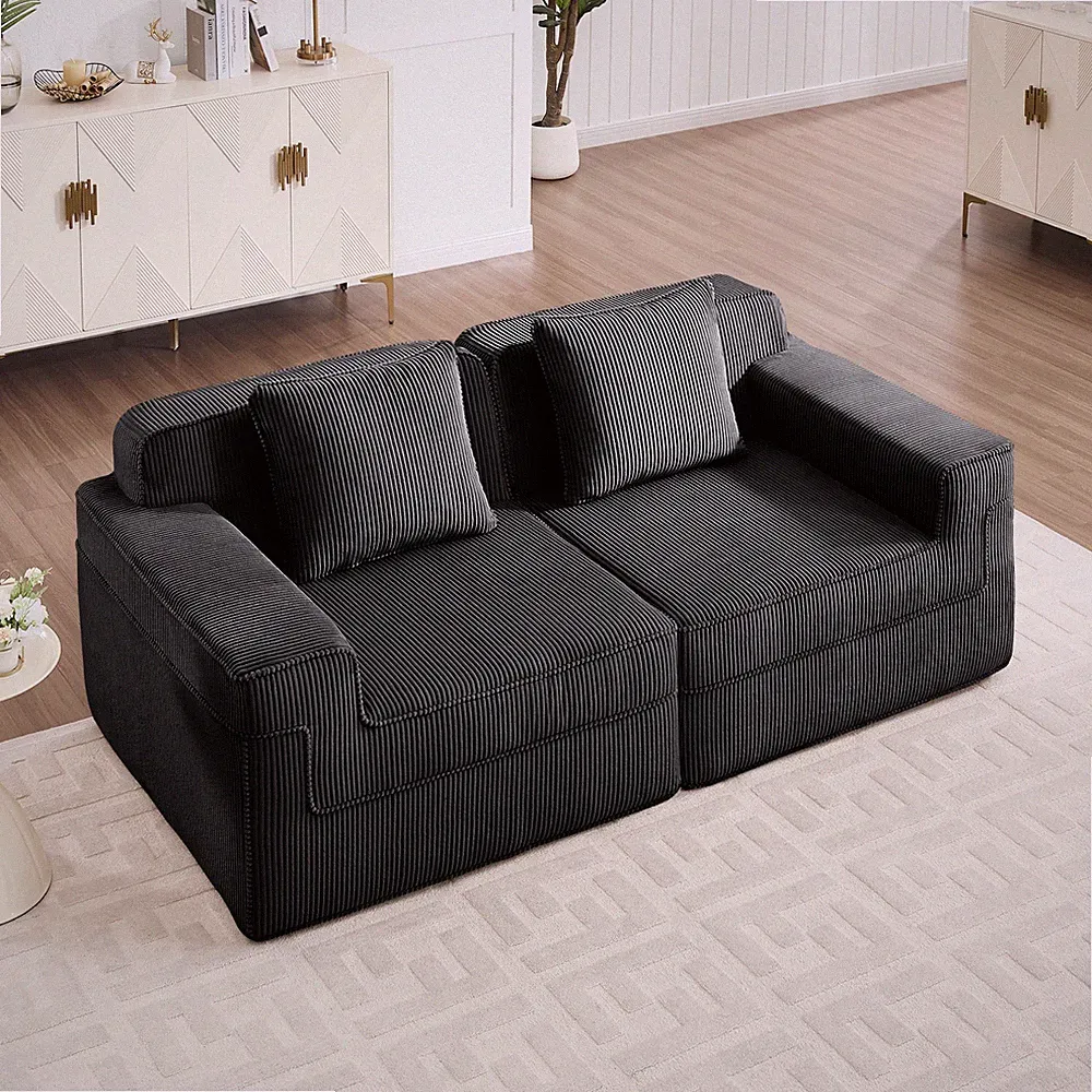 2-Seater Modular Cloud Sofa, Boneless Sectional Loveseat Black Corduroy