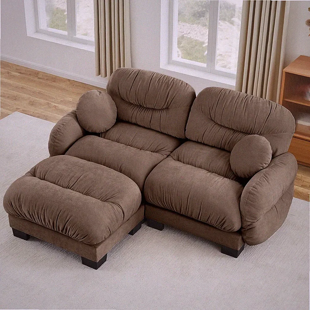 2-Seater Modular L-Shape Sectional Sofa w/ Ottoman & Throw Pillows, Brown