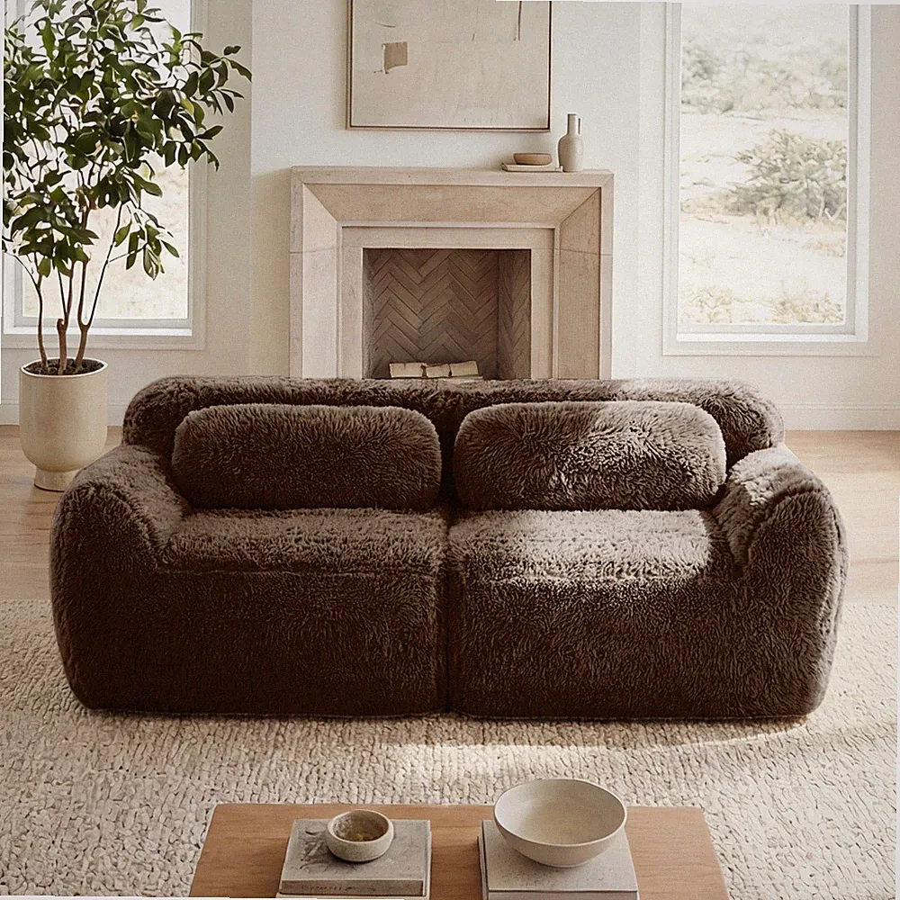 2-Seater Modular Sectional Sofa, Chocolate Plush Fabric, 40.16" L