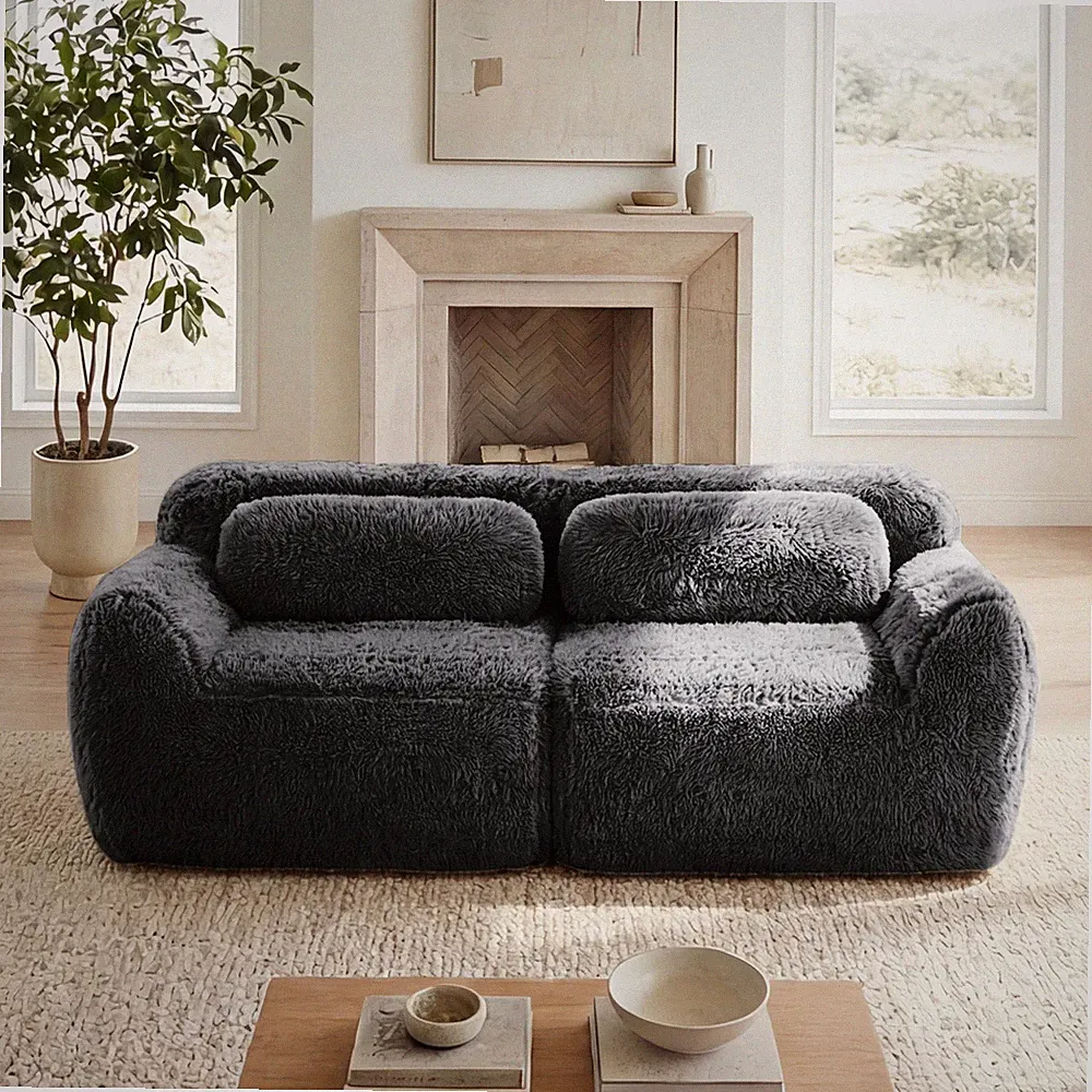 2-Seater Modular Sectional Sofa, Plush Fabric, Dark Grey, 40.16" L