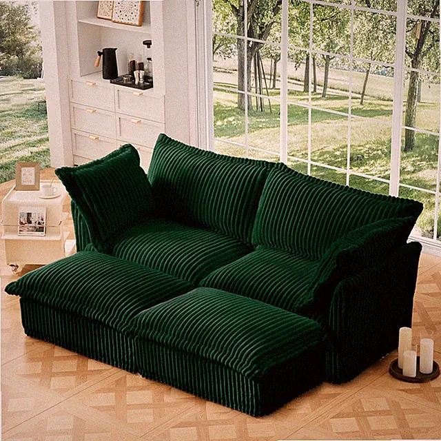 2 Seater Sleeper Sofa Bed w/ 2 Ottomans, Corduroy Sofa for Living Room