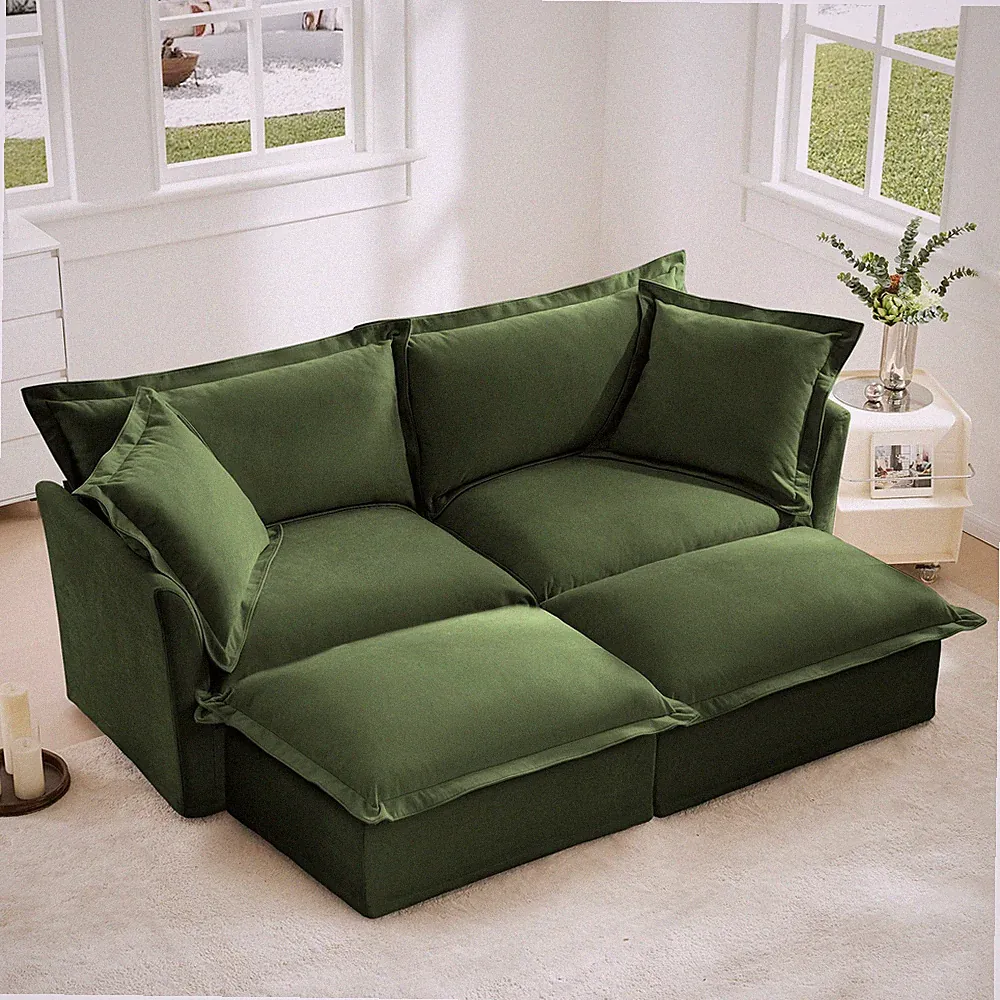 2-Seater Sleeper Sofa Green Chenille with Two Ottomans, Convertible Sectional