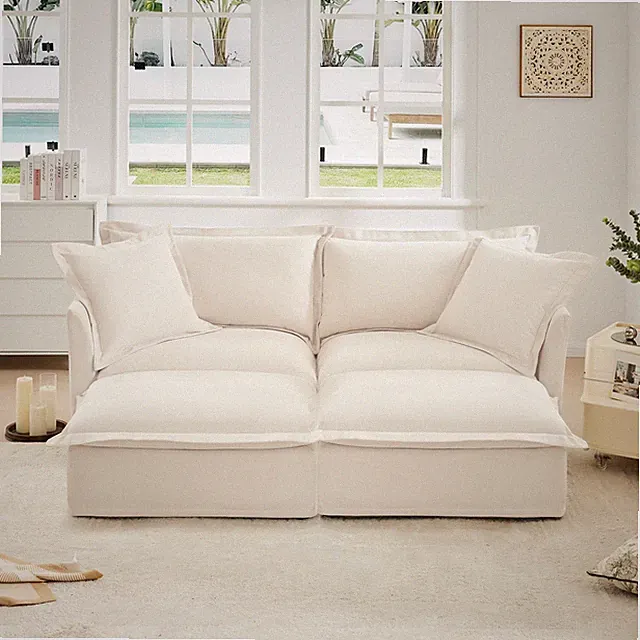 2 Seater Sleeper Sofa w/ Removable Chenille Slipcover & 2 Ottomans, Cream