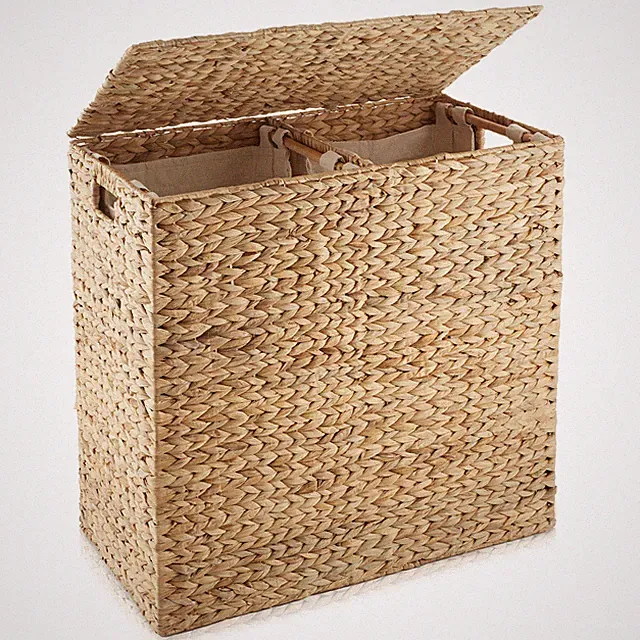 2-Section Laundry Hamper Basket w/ Lid & Liners, Woven Hyacinth Wicker Seagrass