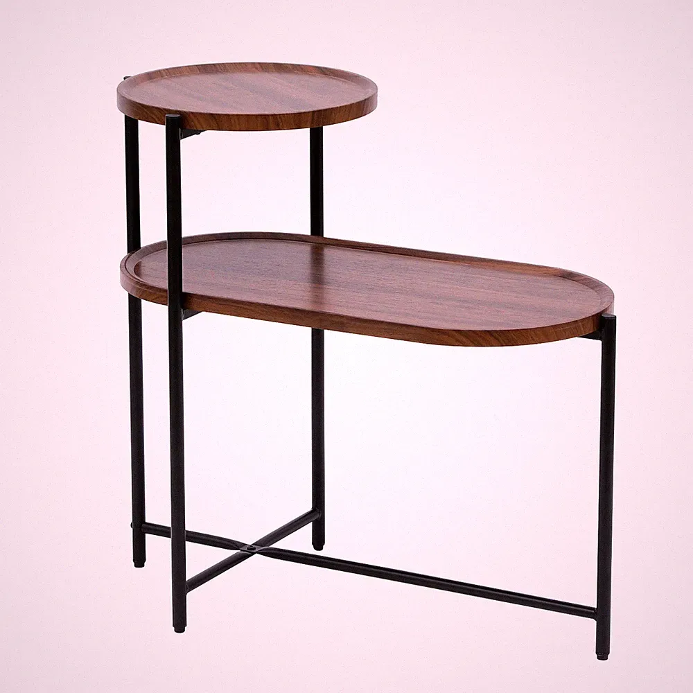 2 Tier Coffee Table with Storage Tray, Round & Oval Wooden Side End Table