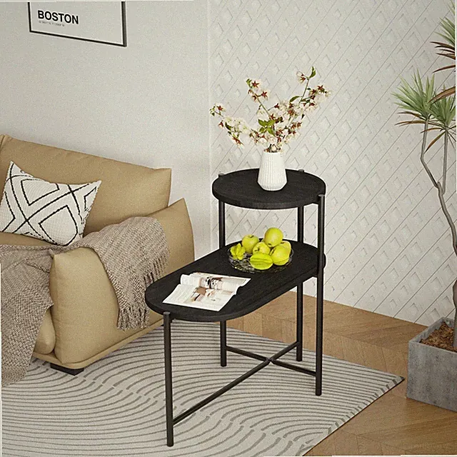2-Tier Round End Table W/ Storage Tray Wood Small Side Table Living Room Bedroom
