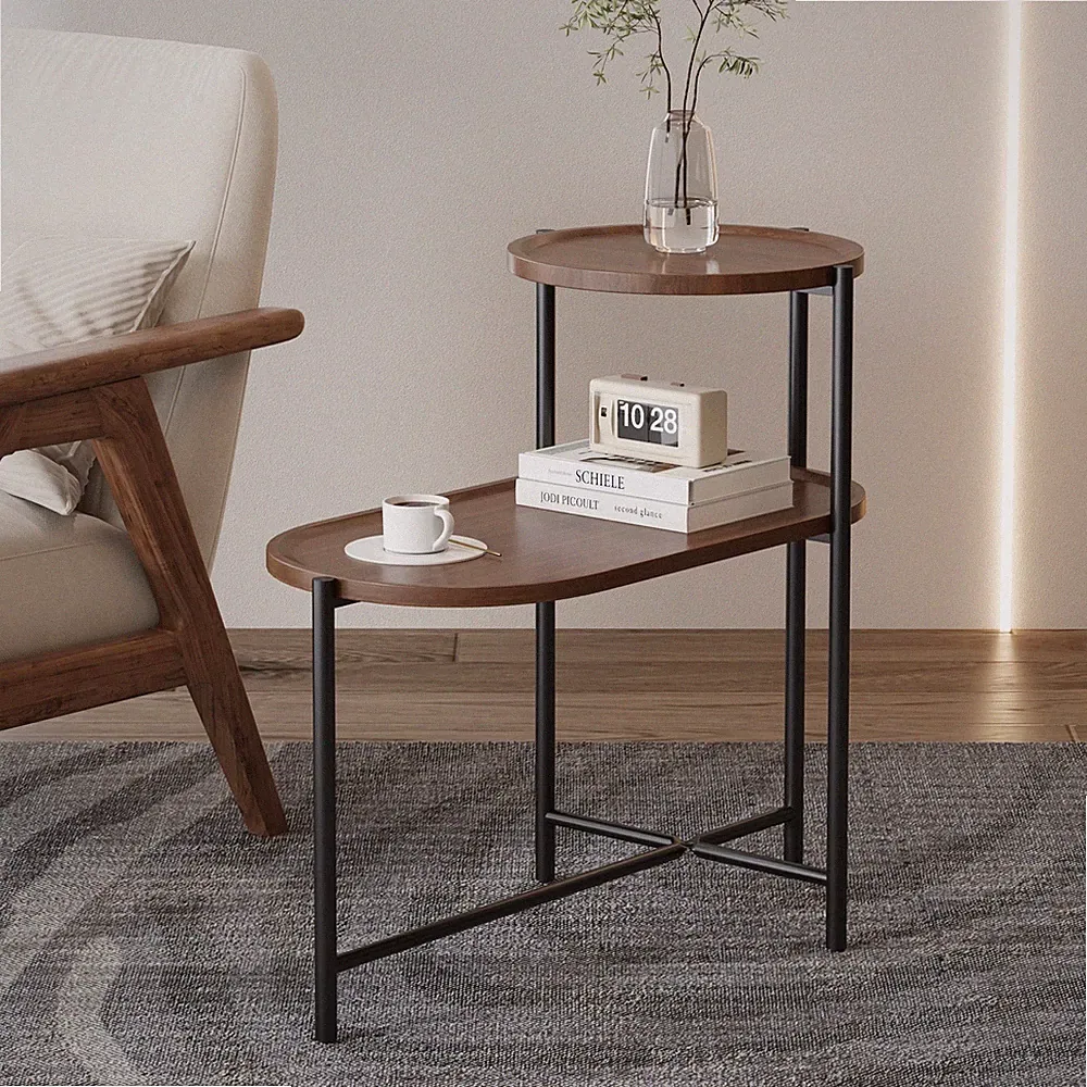 2-tier Small Coffee Tables Modern Sofa Side Table w/ Wood Storage Shelf