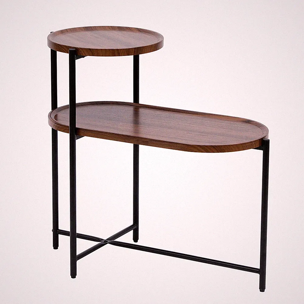2-tier Small Sofa Side Table Coffee Tables with Wood Storage Shelf Walnut Brown