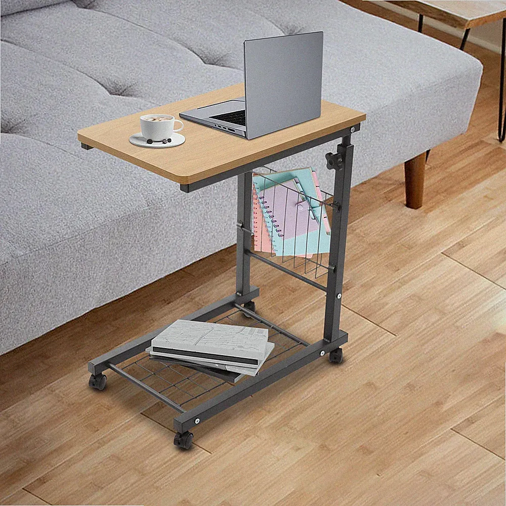 2 Tiers Bed Side Table Wheels Overbed Rolling Tray Adjustable Sofa Side Desk