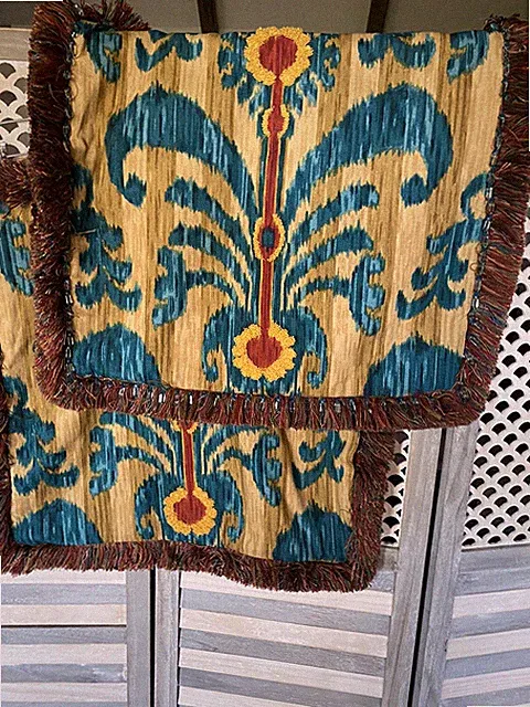 2 Vintage Pillowcases - Ikat Design with Beads/Fringed Edges 21x21" Inch