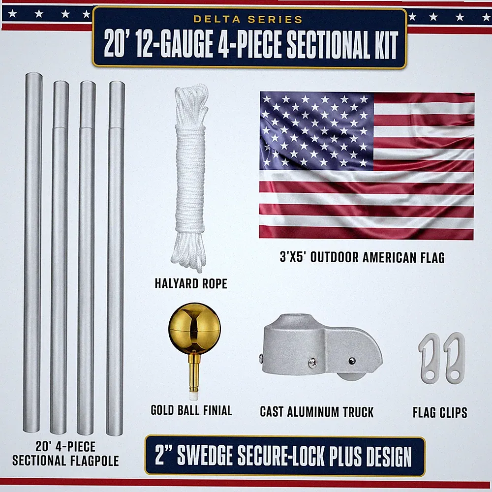20' Delta SECTIONAL Residential Flagpole (Silver)