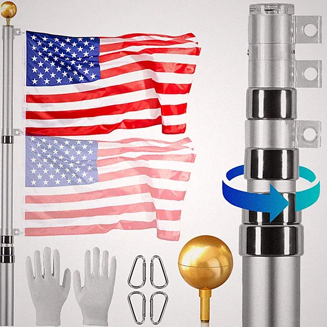 20FT Telescopic Flagpole Kit Heavy Duty Aluminum Flag Pole American Silver