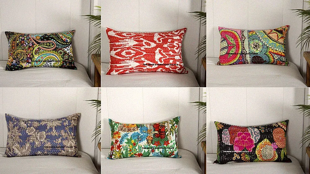 20X12" Kantha Cushion Cover Sofa Bed Throws Indian Handmade Cotton Pillow Sham