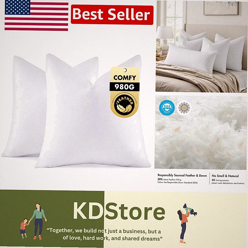 20x20 Down Feather Pillow Inserts — Set of 2 for Sofa & Bed Decor