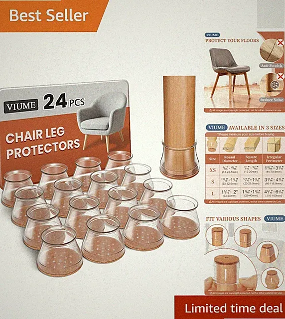 24 Pcs Silicone Chair Leg Floor Protectors - Anti-Scratch Felt Pads for Hardwood