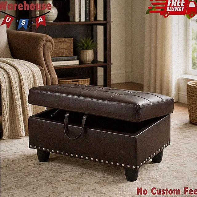29" Storage Ottoman Bench for Sectional Sofa, Nailhead Trim, Leather, Brown