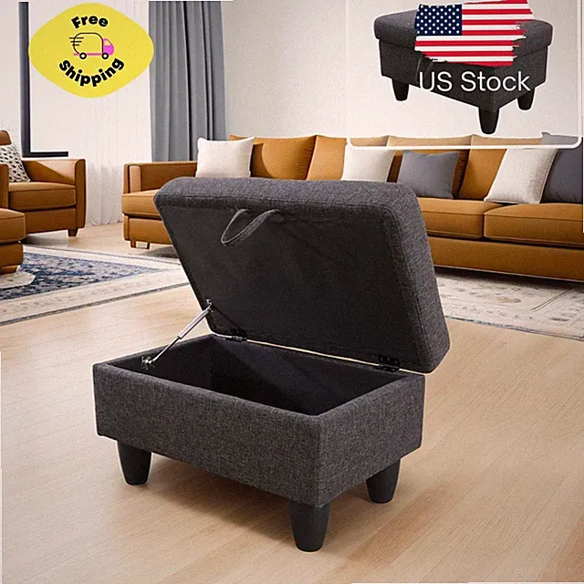 29" Storage Ottoman Bench for Sectional Sofa Set, Lift Top, Linen, Black Grey