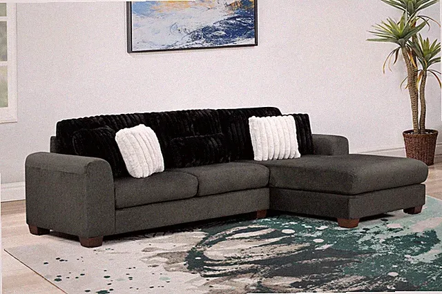 2pc L Shape Sectional Corduroy Fabric Back Dark Gray Finish Wooden Legs