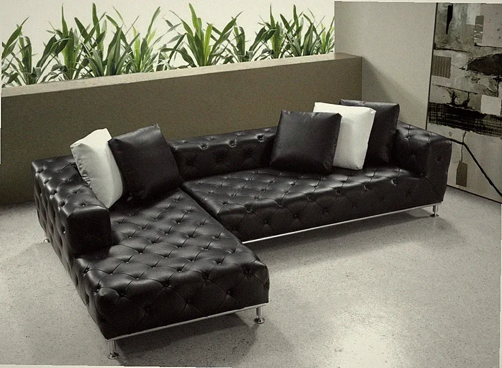 2pc set Chesterfield tufted black PREMIUM ITALIAN Leather Sectional set #672