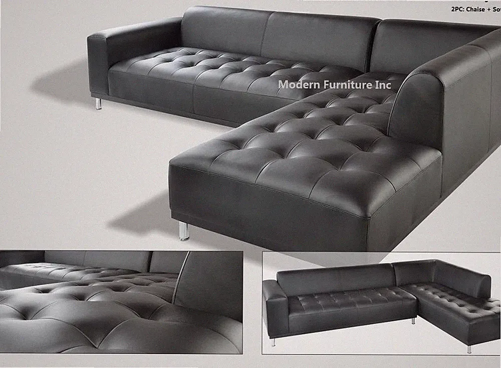 2pc set Modern contemporary black genuine Leather Sectional Sofa + chaise #1707