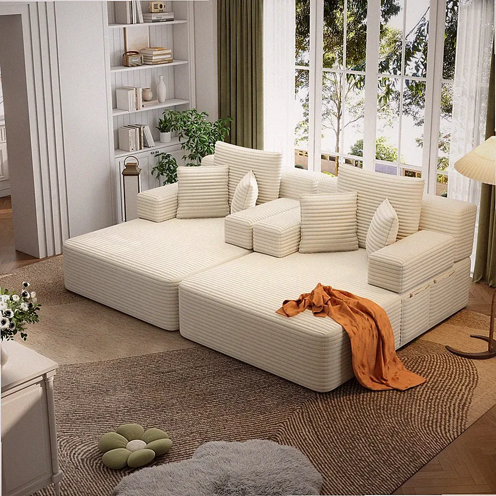 2PCS Convertible Chaise Sleeper Sofa Bed Boneless Couch with Storage Pocket