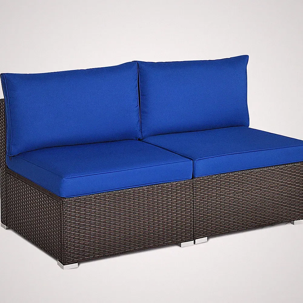 2PCS Patio Rattan Armless Sofa Sectional Furniture Conversation W/Navy Cushion