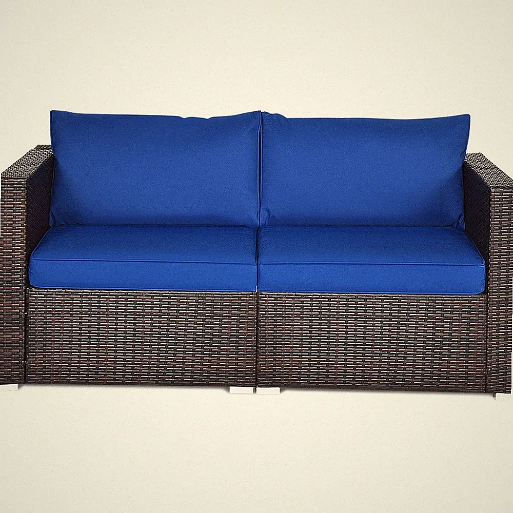 2PCS Patio Rattan Corner Sofa Sectional Furniture Conversation Set Navy Cushion