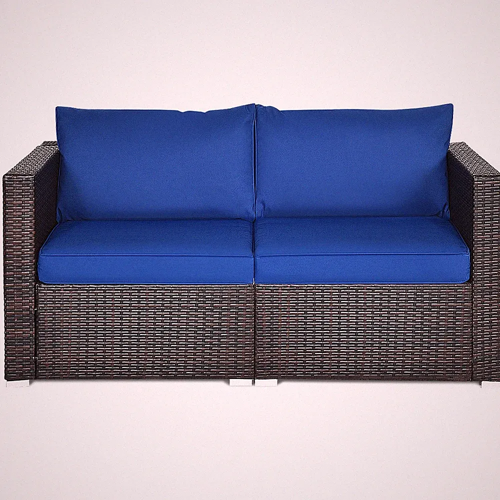 2PCS Patio Rattan Corner Sofa Sectional Furniture Conversation Set Navy Cushion