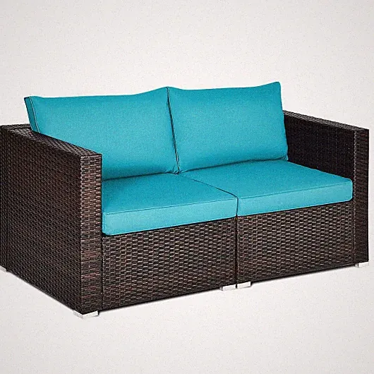 2PCS Patio Rattan Sectional Conversation Sofa Set-Blue - Color: Blue