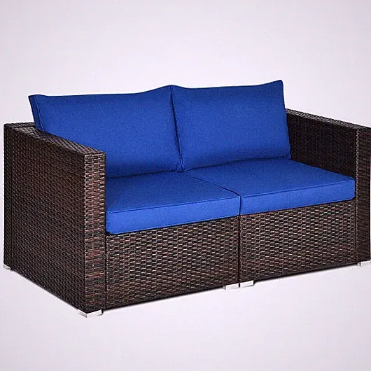 2PCS Patio Rattan Sectional Conversation Sofa Set-Navy - Color: Navy
