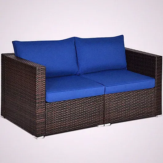 2PCS Patio Rattan Sectional Conversation Sofa Set-Navy - Color: Navy