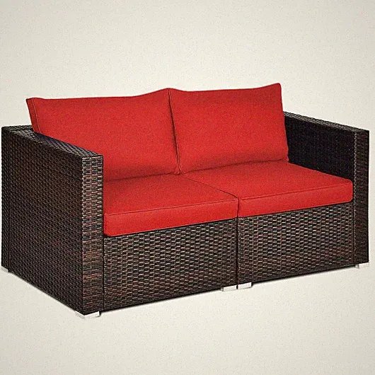 2PCS Patio Rattan Sectional Conversation Sofa Set-Red - Color: Red