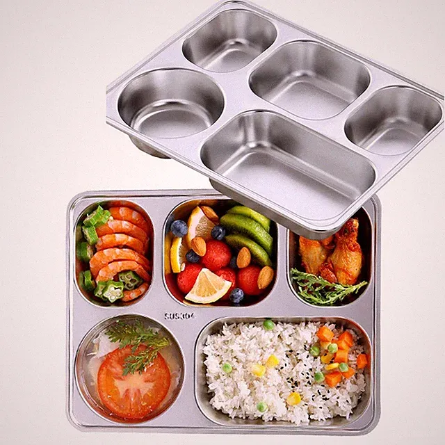 2pcs Stainless Steel Divided Plates 5 Section Dinner Trays for Adults