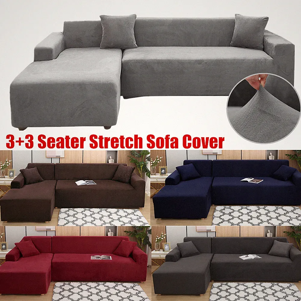 2pcs Stretch Thick Plush Sofa Covers for 3+3 Seats L Shape Sectional Corner Sofa