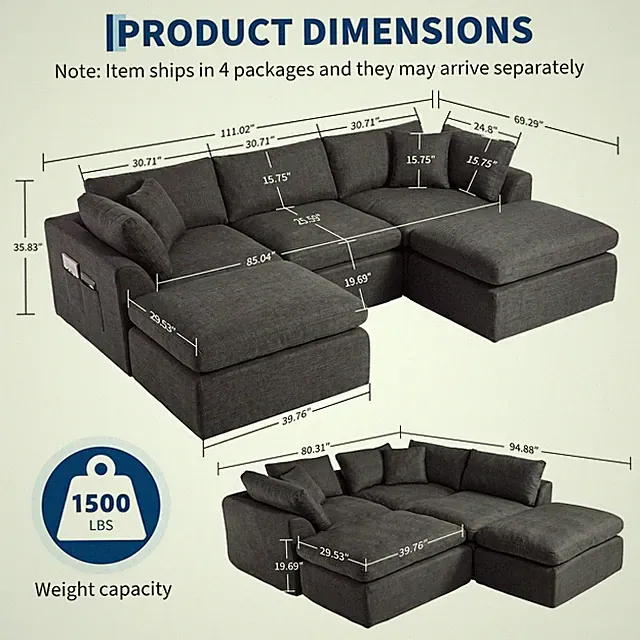 3 COLOR 111" U Shaped 5 Seater Modular Boneless Cloud Sectional Sofa W/2 Ottoman