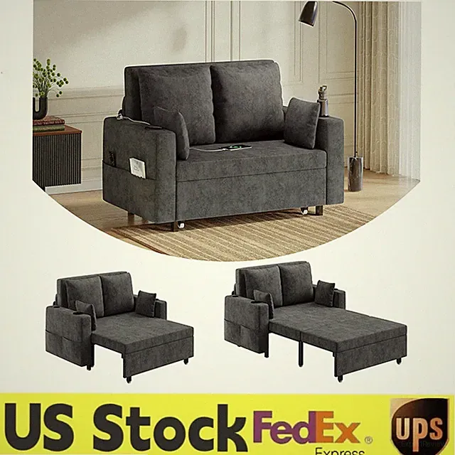 🔝3-in-1 56" Pull-Out Couch, Loveseat Sleeper Sofa Bed W/ USB Charging&Cup Holde